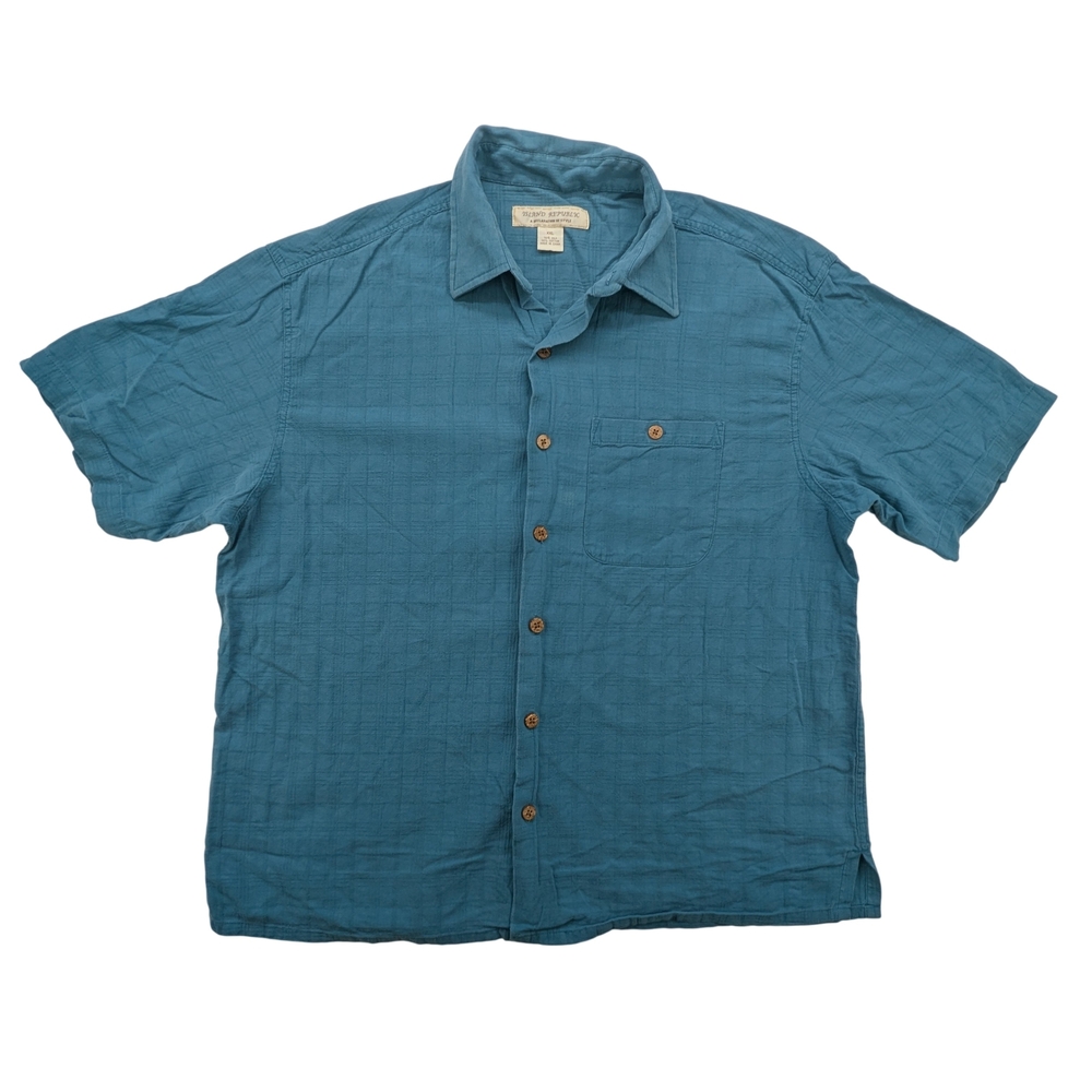 Island Republic Shirt Mens 2XL Silk Cotton Button Up Blue Textured Casual Summer